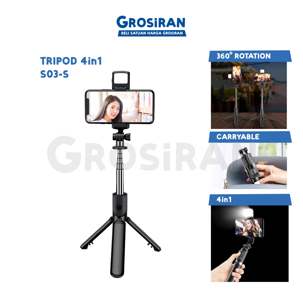 Tongsis Bluetooth LED Flash Portable Selfie Stick Tripod HP Remote Control 4in1 Live Streaming For S