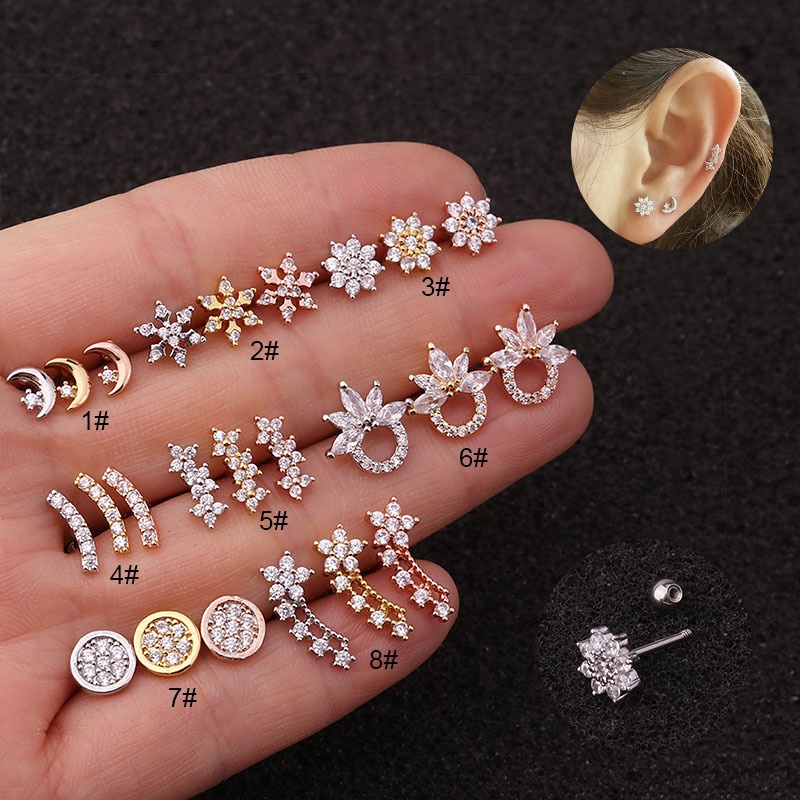 1Pc Flower Moon Star Zircon Cartilage Helix Tragus Conch Rook Lobe Screw Back Earring Stud