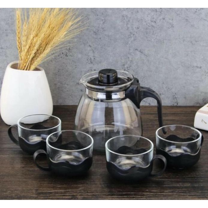 GELAS KOPI TEH SUSU SET 5 IN 1 TEKO SET CANGKIR KACA MURAH TEA POT
