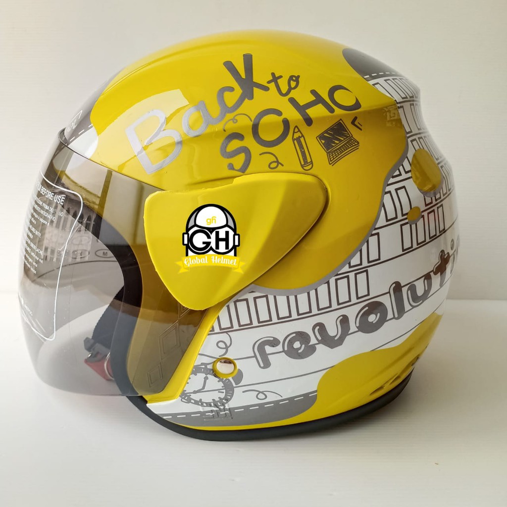 HELM HALF FACE EVOLUTION MOTIF REVOLUTION YELLOW MIRIP GM EVO MURAH HELM DEWASA MURAH