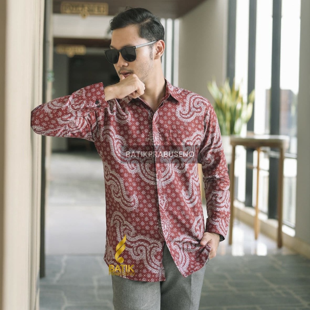 Batik Prabuseno - ZAKI MERAH Batik Pria Slim Fit Lengan Panjang original batik solo