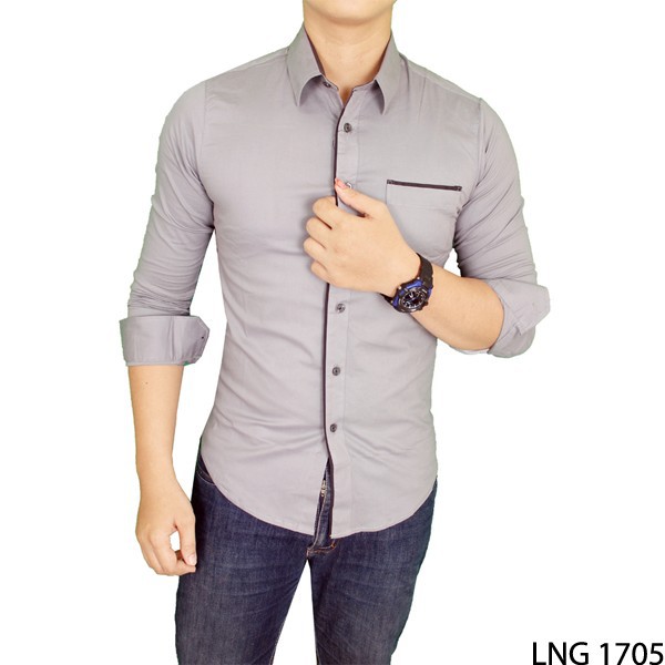 Kemeja Slim Fit Pria Casual Katun Stretch Abu Muda – LNG 1705