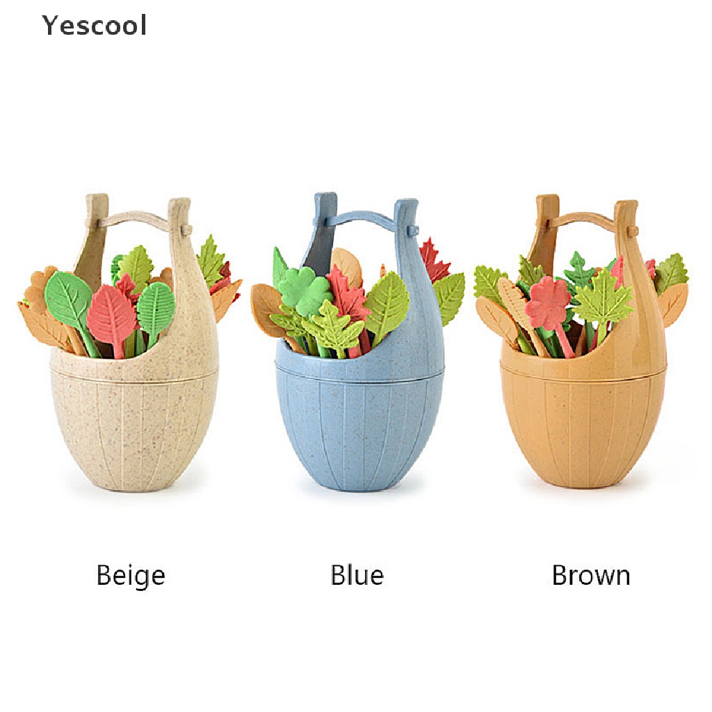 Yescool 16pcs / Set Garpu Buah / Snack / Kue / Salad Bahan Jerami Gandum Dengan Ember