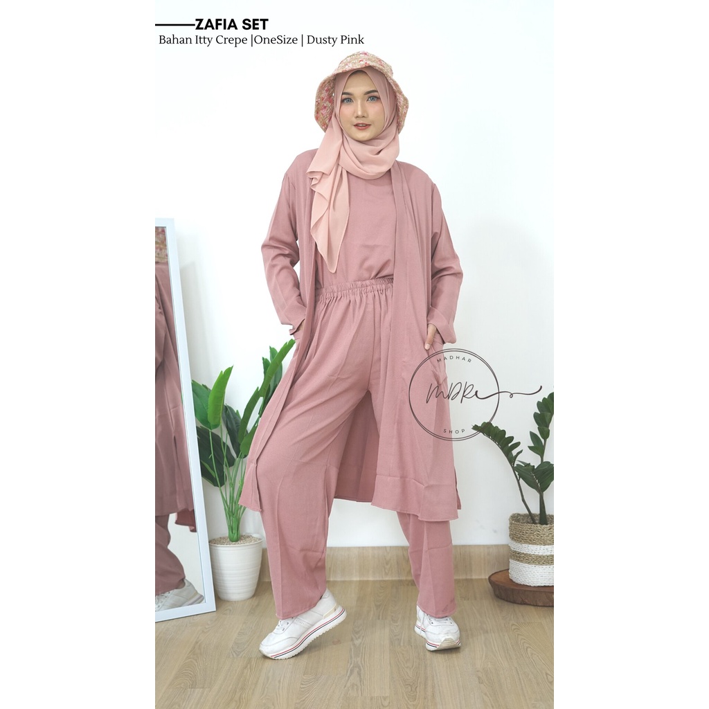 Zafia One Set 3 in 1 Setelan Cardigan + Celana Wanita Muslim Remaja Bahan Itty Crepe Premium Fit to XL / Stelan Long Cardi Motif Polos Kekinian 2022 Beraneka Warna