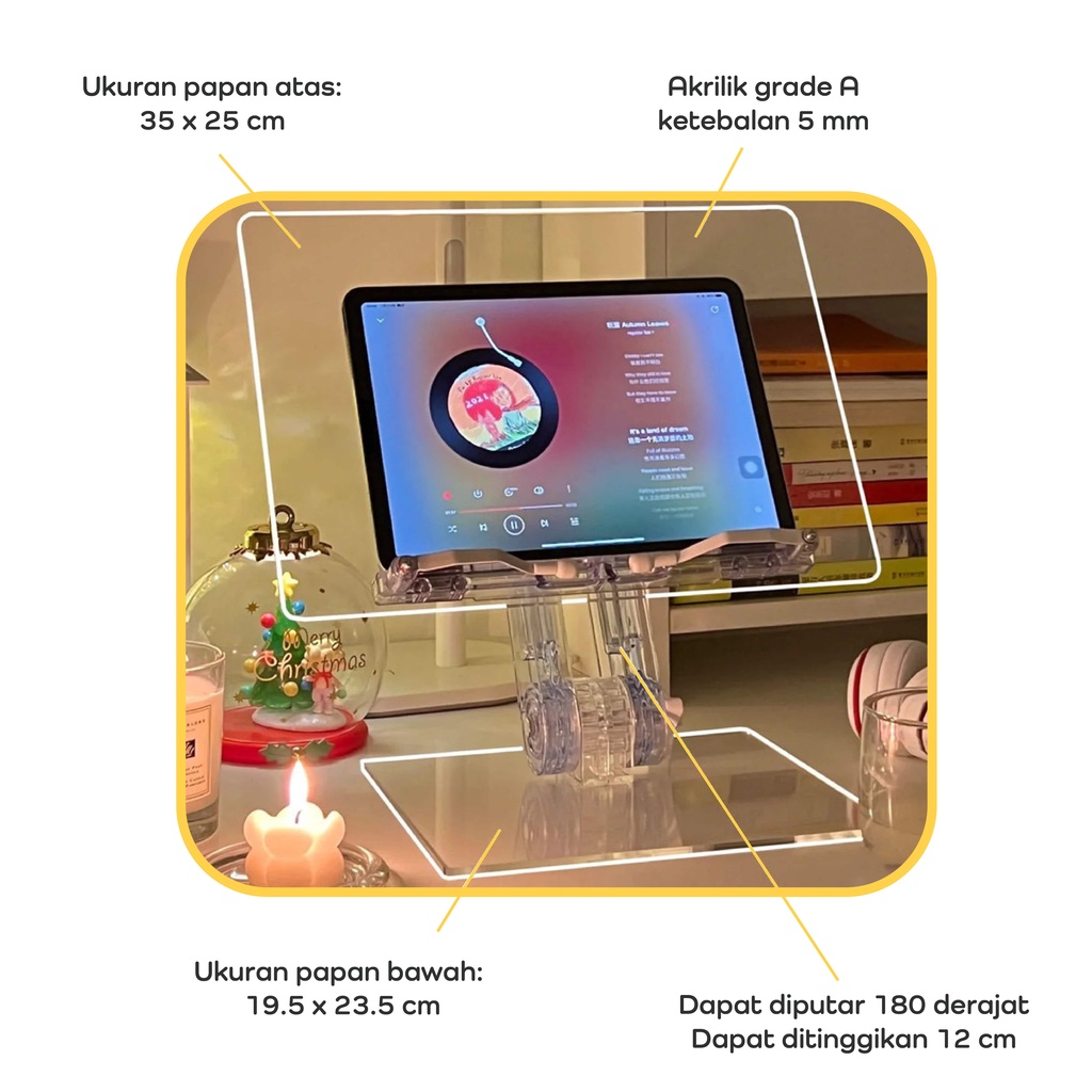 【IKONE】BUKKU Tablet Holder Acrylic Adjustable Tablet Stand with Lights Book Holder Meja Laptop Meja tablet Tempat Laptop Ipad Membantu Leher Organizer Laptop Meja Stand Holder dengan Lampu