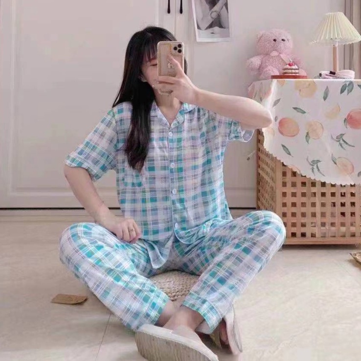 Baju tidur wanita / Piyama Cp baju tidur wanita krah pendek import kotak freesize-CP.K KOTAK UNGUBIRU