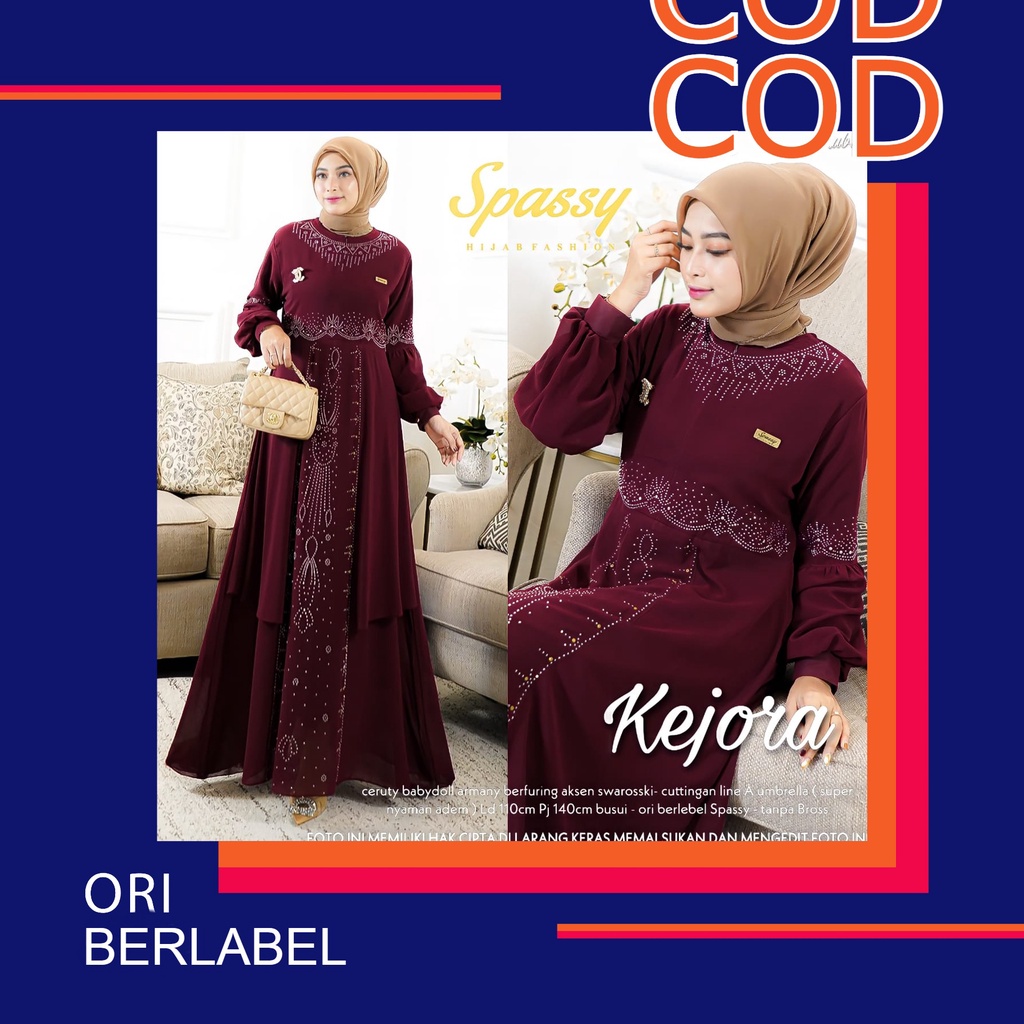 Kejora Ori by Spassy Gamis Maxi Dress Bahan Ceruti Full Furing Aksen Swarowski LD 110 PB 140