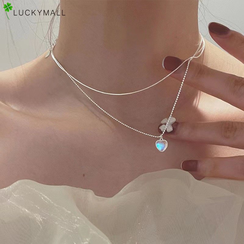 Kalung Choker Rantai Klavikula Hias Liontin Batu Bulan Hati Ganda Warna Silver Untuk Aksesoris Perhiasan