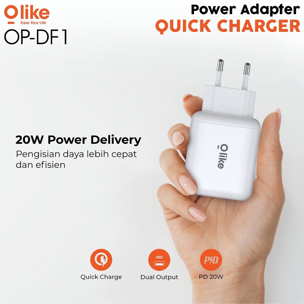 OLIKE Batok Kepala Charger Qualcomm Quick Charge 3.0 Power Delivery 20W Dual Port Batok Casan Garansi Resmi OP-DF1