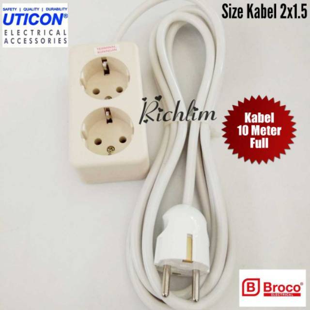 Stop Kontak/Colokan Listrik 2 Lubang Uticon/Steker Arde Broco+Kabel Serabut 2x1.5