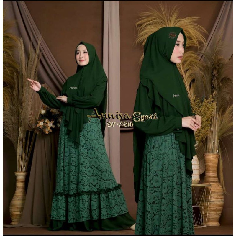 Dress Gamis Lebaran Annisa Syari Brukat Kombinasi Ceruty Babydoll Mewah Premium Terbaru 2021 Muslim