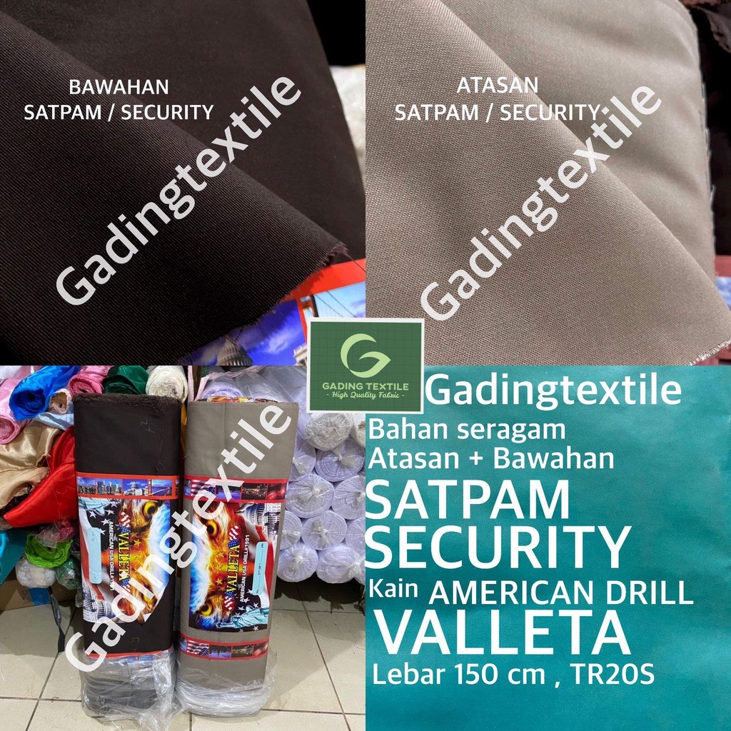 ( per 1 roll ) bahan seragam SATPAM SECURITY POLISI kain twill american drill VALLETA lebar 150 cm isi 27 meter bahan atasan bawahan pakaian baju kemeja celana rok seragam dinas PDH PDL