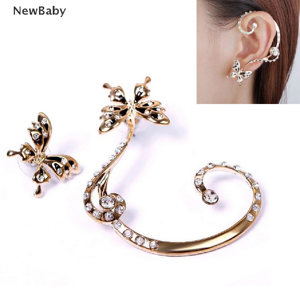 Newbaby 1 Pasang Anting Klip On Wanita Desain Kupu-Kupu Hias Kristal