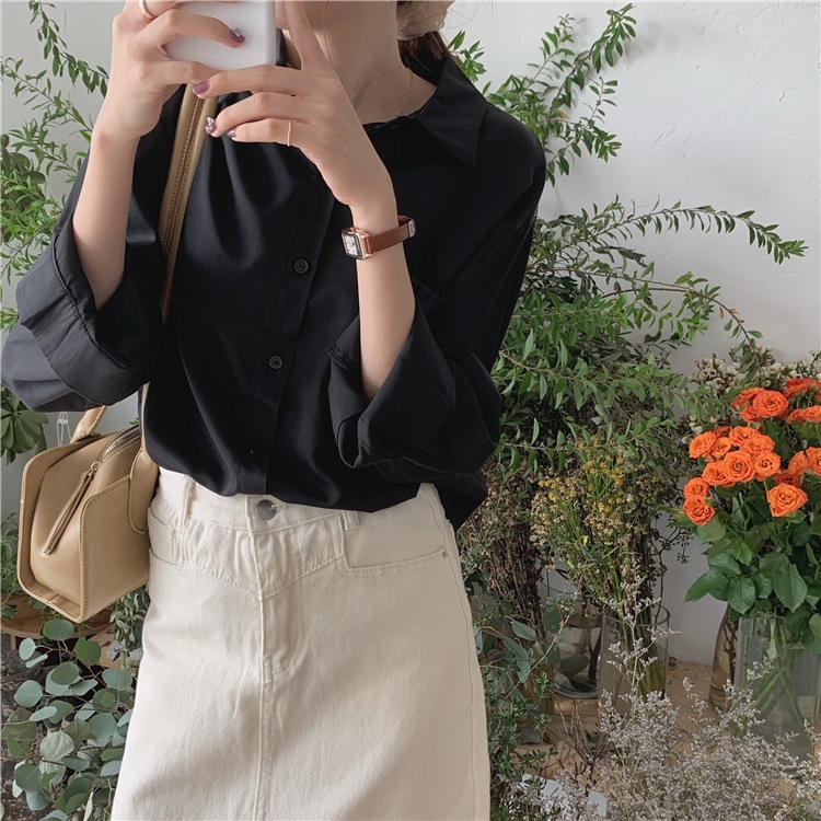 [3 Warna]Atasan Hitam Kemeja Wanita Lengan Panjang Blouse Oversize Fashion Korean style