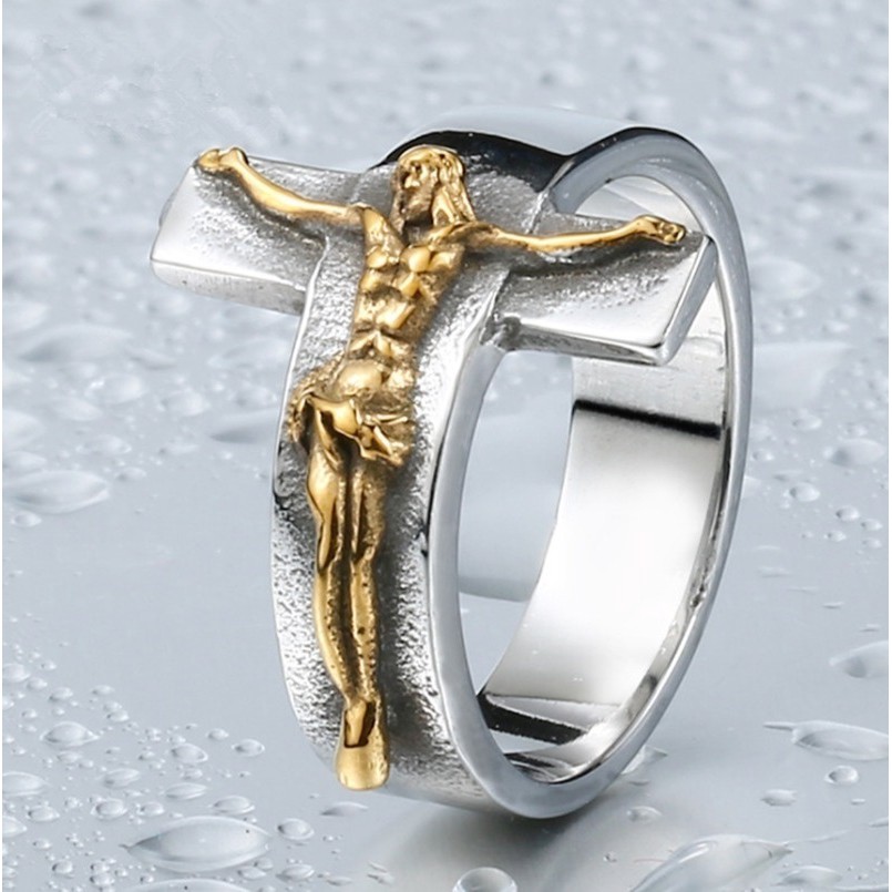 SEUSUK Cincin Punk Gothic Religius Motif Salib Yesus Kristen Ada Warna Gold/Silver untuk Hadiah Pria