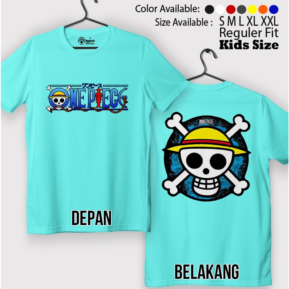 Kaos Atasan Anak Laki Laki / Baju Anak / Kids T shirt Anime One Piece Logo Tengkorak Bajak Laut Sablon Depan Belakang