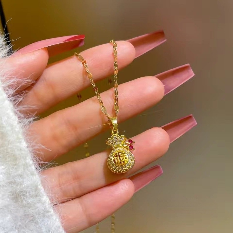 Kalung Titanium Asli Wanita Anti Karat Emas 18k Berlian Beruntung China &quot;Fu&quot; Tas Uang Liontin necklace