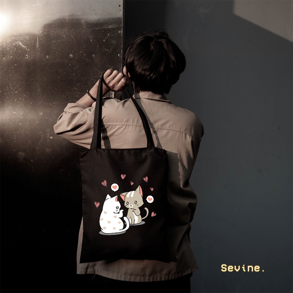 Sevine Totebag Tas Wanita Tote Bag Resleting Cute Cat Black Series Hitam - CSL2