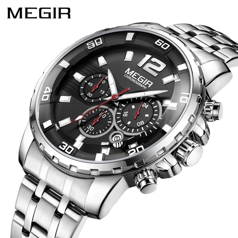 MEGIR 2068 Jam Tangan Pria Analog Chronograph Tali Stainless Luminous WATCHKITE WKOS