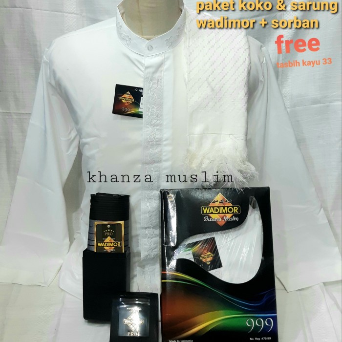 NEW baju koko pria lengan panjang +sarung wadimor premium+peci - Putih, M