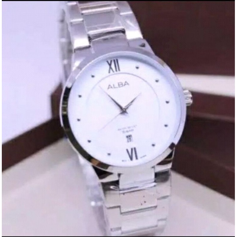 PROMO Jam Tangan Alba 4D1741 Pria Cowok Analog Tanggal Aktif Rantai Stainless