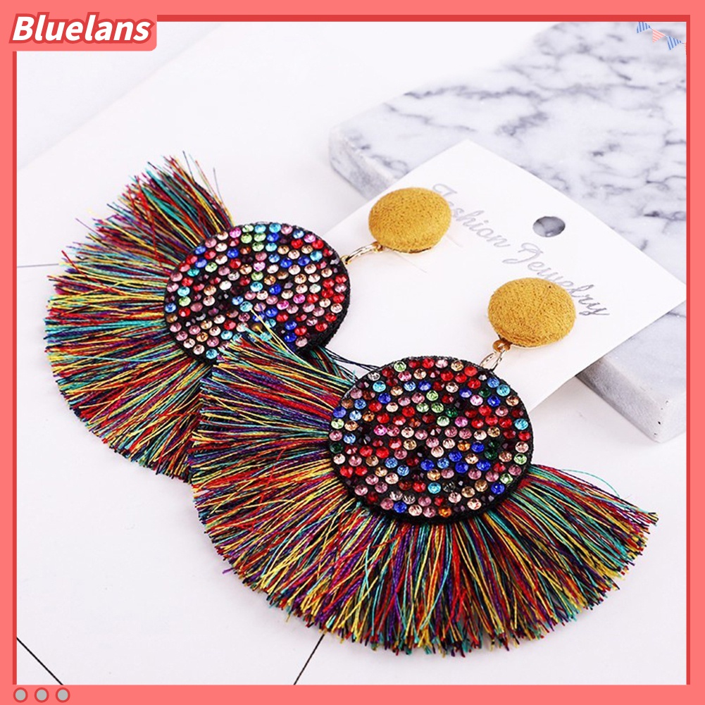 Anting Stud Bentuk Kipas Rumbai Aksen Berlian Imitasi Gaya Bohemia Untuk Wanita