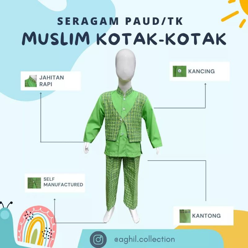 SERAGAM TK/PAUD MUSLIM KOTAK-KOTAK BAJU TK/PAUD MUSLIM KOTAK-KOTAK HIJAU