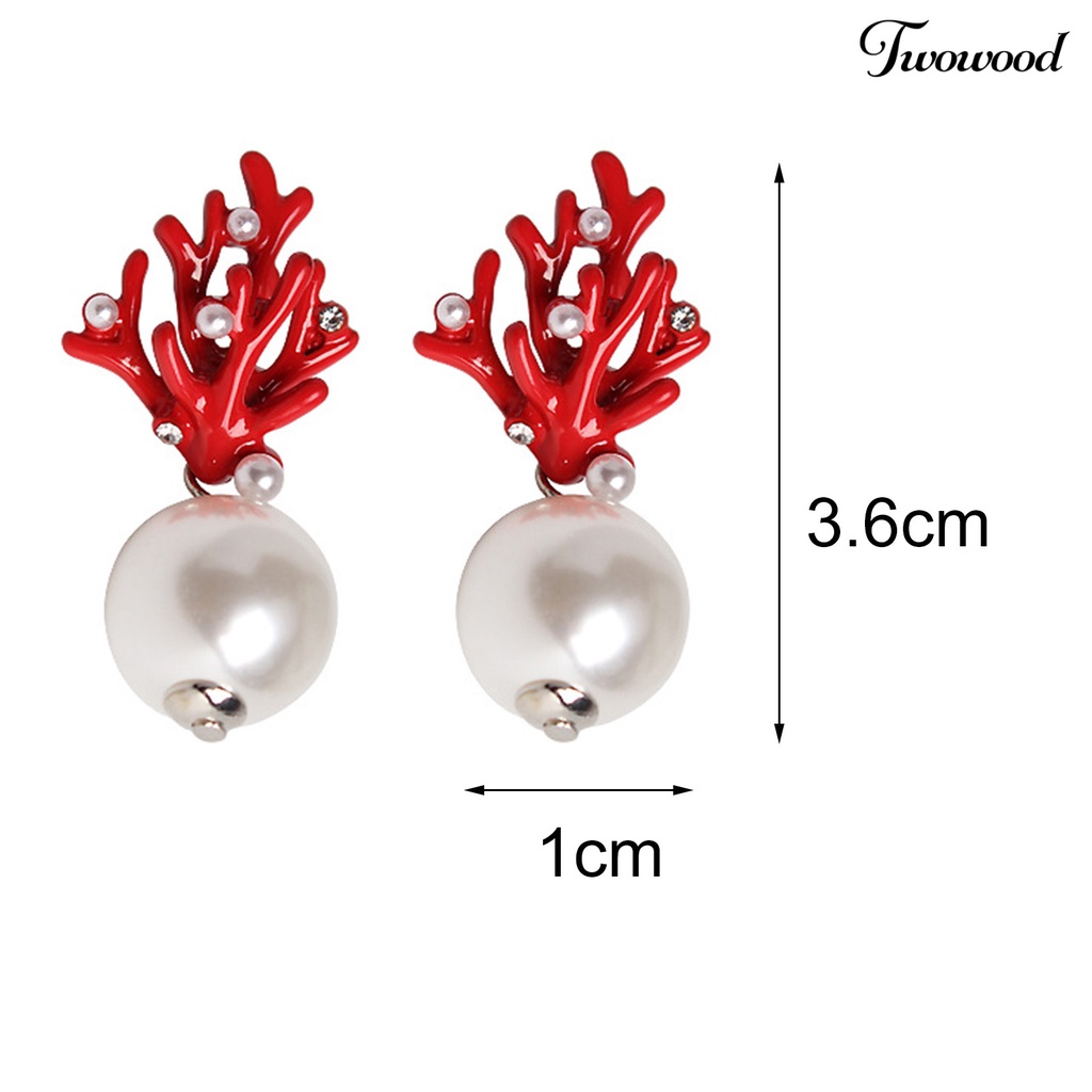 Twowood 1 Pair Ear Studs Coral Shape Faux Pearl Jewelry Cute All Match Lightweight Stud Earrings for Dating