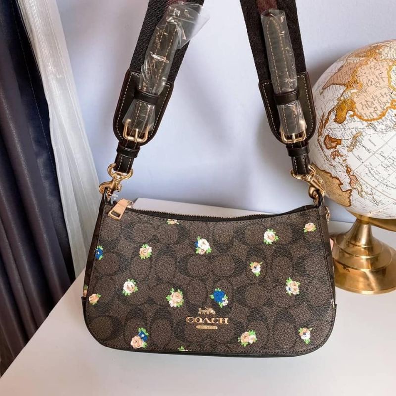 Coach Jes Baguette In Signature Canvas With Vintage Mini Rose Print Brown Black Multi crossbody bag/