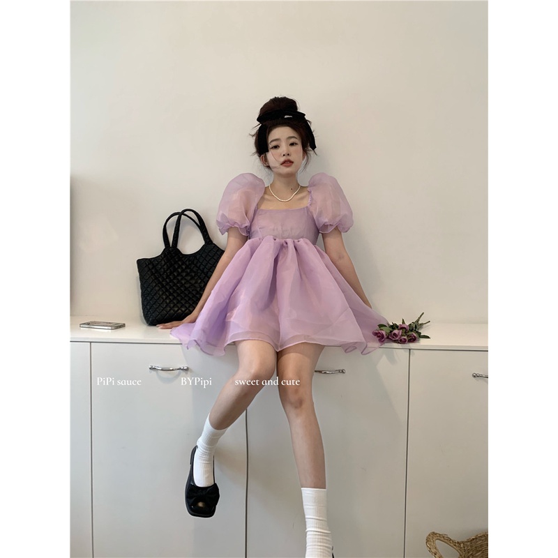 Mini Dress Puff Lengan Gaun Wanita French Court Style Princess Rok Musim Panas Pinggang Kecil Bengka