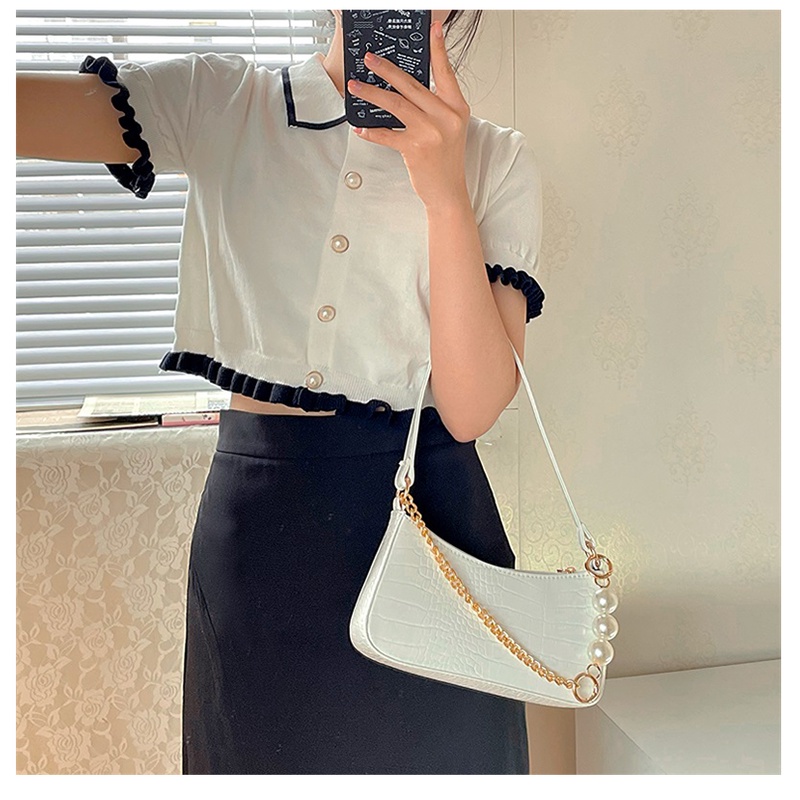 Tas Wanita French Vintage Crocodile Pattern Pearl Chain Underarm Bag Tekstur Serbaguna Wanita Shoulder Messenger Bag