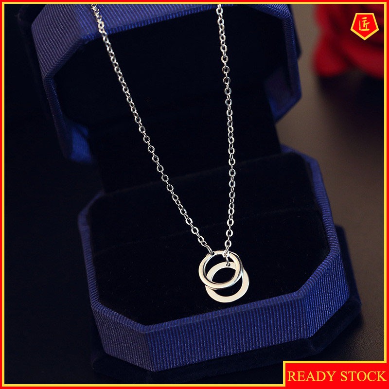 [Ready Stock]INS Korean Style Versatile Silver Necklace Platinum Double round Ring Accessories