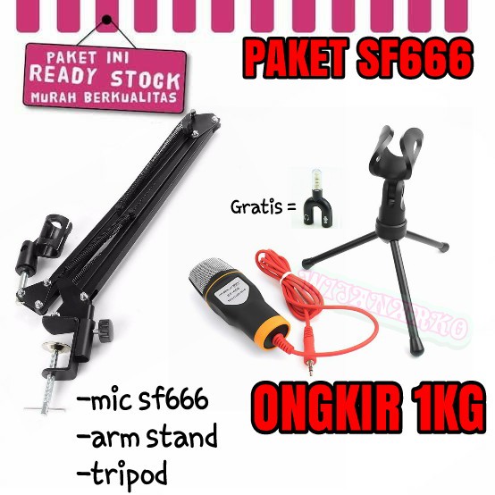 PAKET MIC KONDENSER SF666 [2]  REKAMAN dan KARAOKE SMULE  + ARM STAND (free splitter)