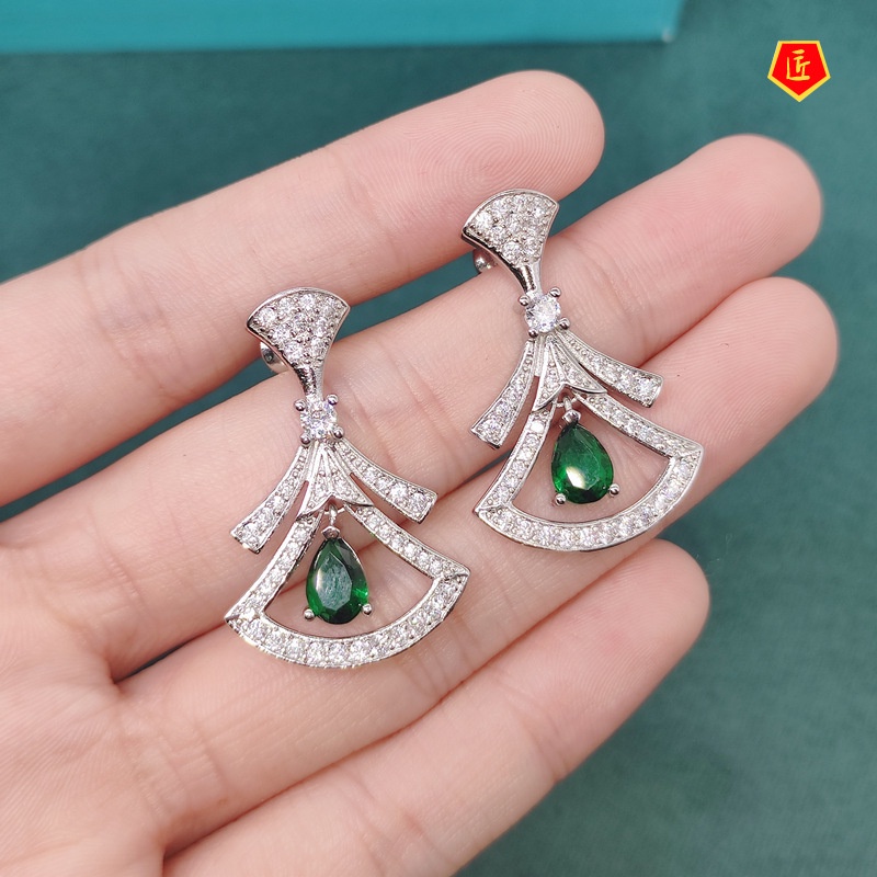 [Ready Stock]Women's High-Grade Emerald Necklace Set Ear Studs