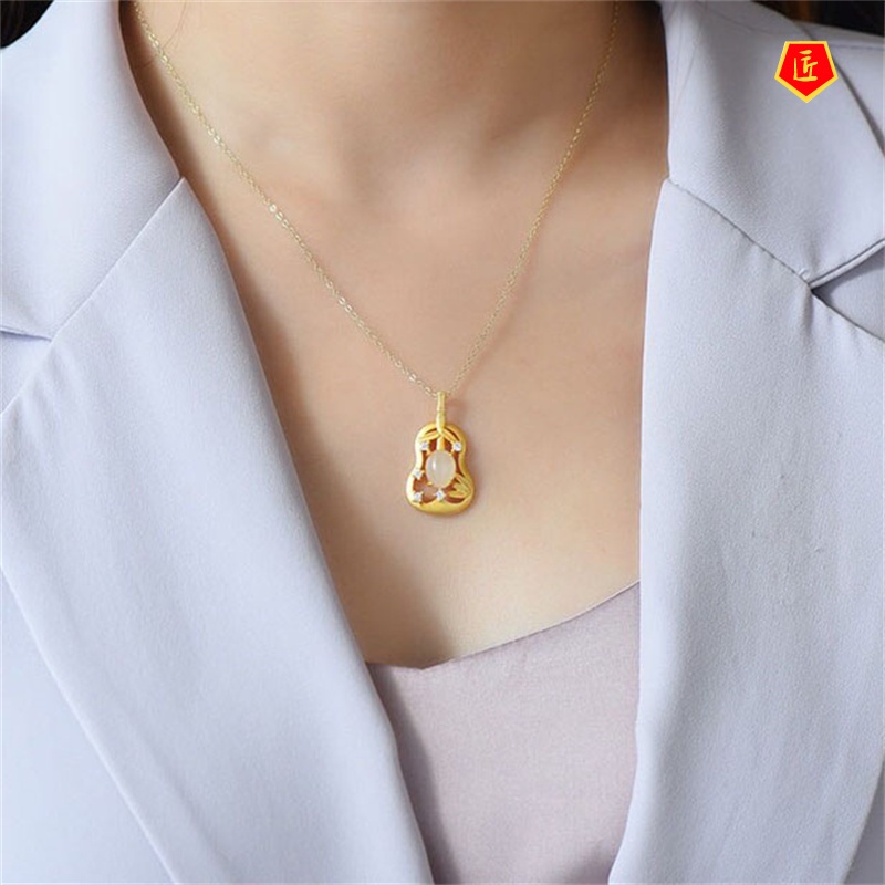 [Ready Stock]Gold Pipa Hetian White Jade Pendant Inlaid Green Chalcedony Necklace