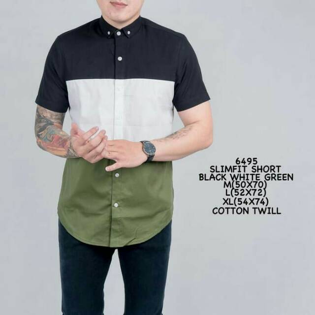 Kemeja Kombinasi Hitam Putih Hijau Branded Pria Slimfit Gaya Distro Keren Cowok Manly