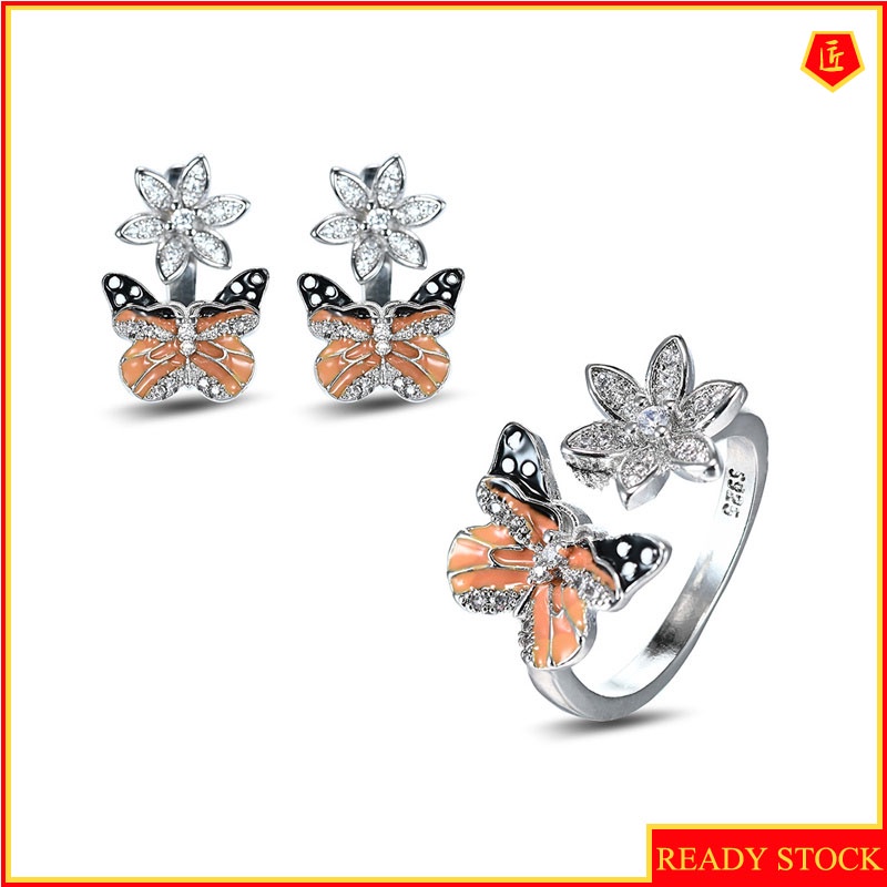 [Ready Stock]New Fashion Flower Butterfly Ring Luxury Full-Jeweled Stud Earrings Set