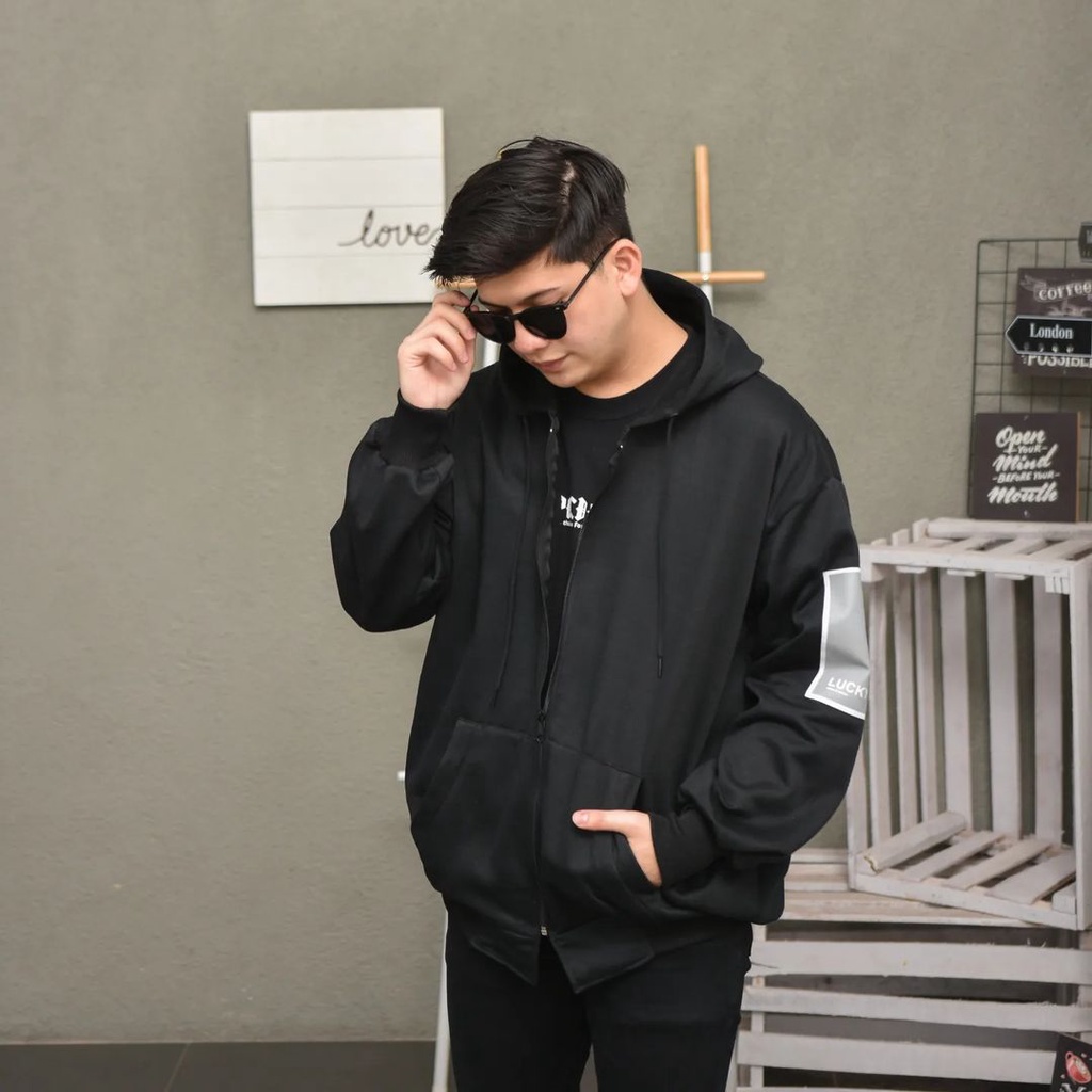 UmarDenim Zipper Hoodie Lucky Five Hitam Oversize