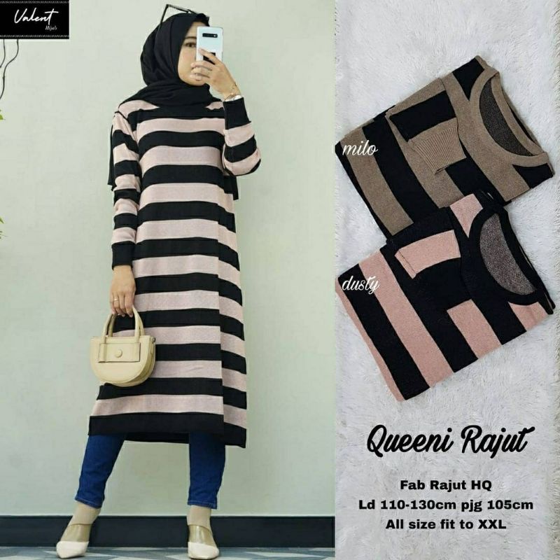 Queeni Rajut, TUNIK MOTIF GARIS FIT TO XXXL LD 100-130 BAHAN RAJUT PREMIUM CANTIK MODIS TERMURAH