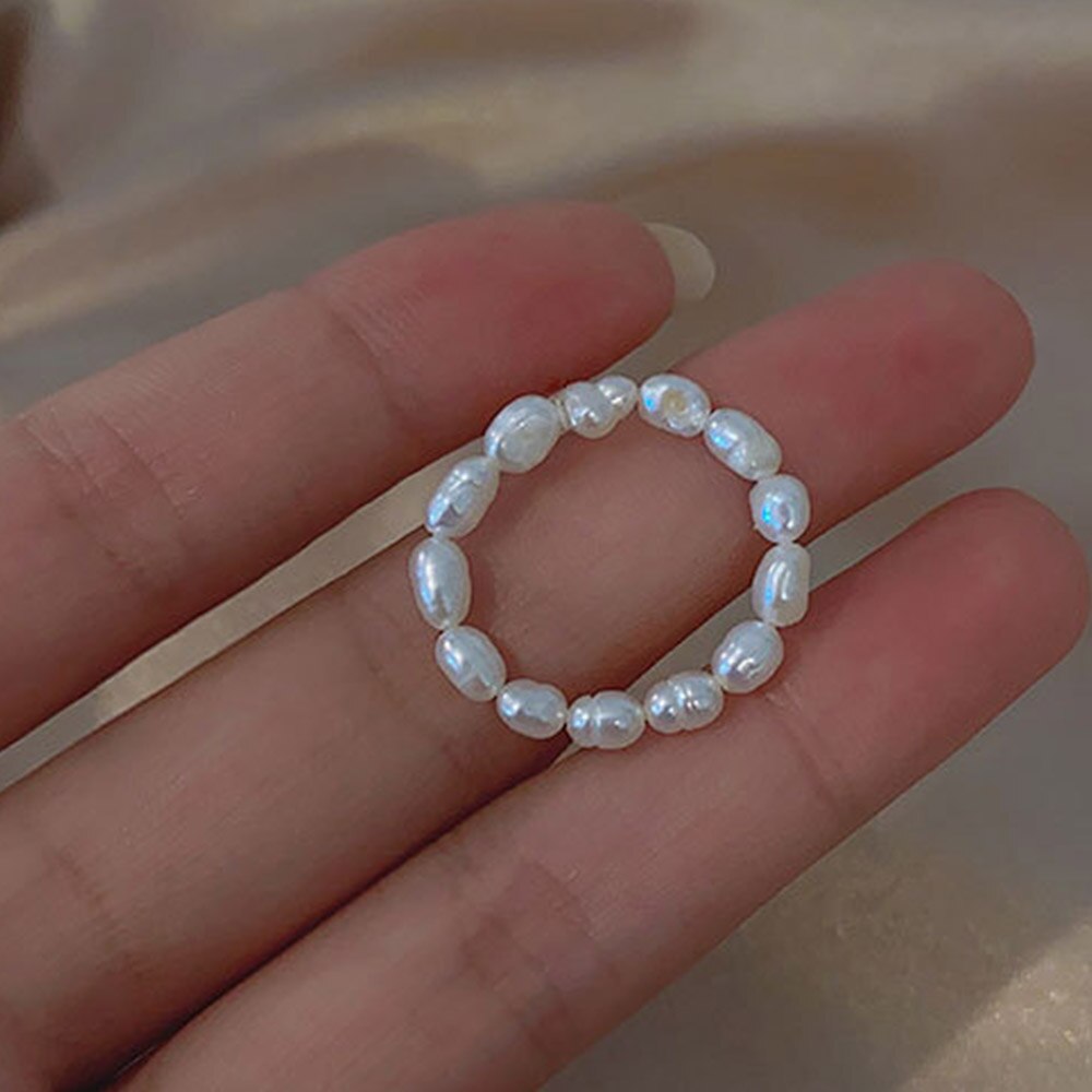 Cincin Elastis Adjustable Desain Geometri Hias Mutiara Air Tawar Alami Untuk Wanita