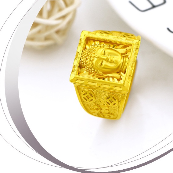 Cincin Emas Asli Kadar 375 Model Terbuka Dapat Disesuaikan Desain Patung Buddha Untuk Pria