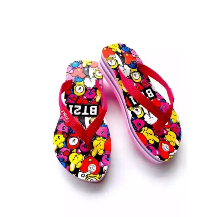 Sandal anak perempuan d'noir/sandal wedges anak plat pelangi motif bt21