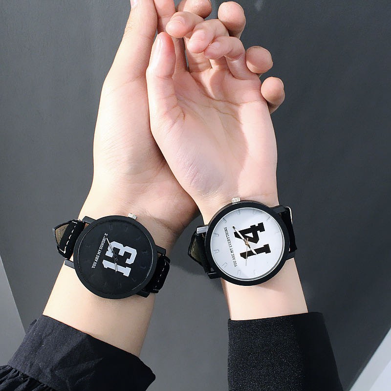 Jam Tangan Nomor 13 &amp; 14 Pasangan Jam Tangan Fashion Hitam Kulit Quartz Jam Tangan Wanita Pria