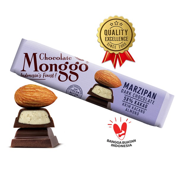 

Chocolate Monggo | Marzipan & Dark Chocolate 40gr| Coklat Murni 100% Cocoa Butter | Pasta Almond & Cokelat Hitam Bar Snack