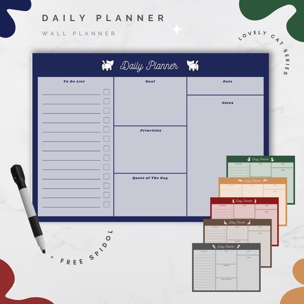

Wall Planner Solucine - Lovely Cat Series (2) - Daily Planner, Meal Planner, Habit Tracker - Free spidol + Reuseable - A3 / A4