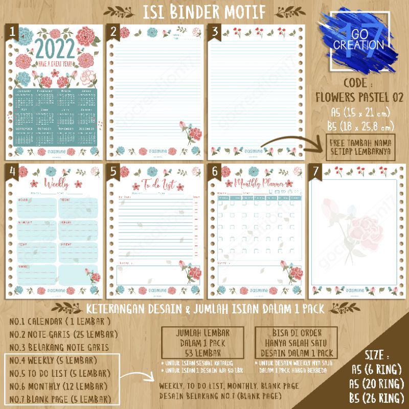 

Buku Planner isi Kertas Binder Motif Flowers Pastel 02 Premium A5 ring 20 dan A5 ring 6