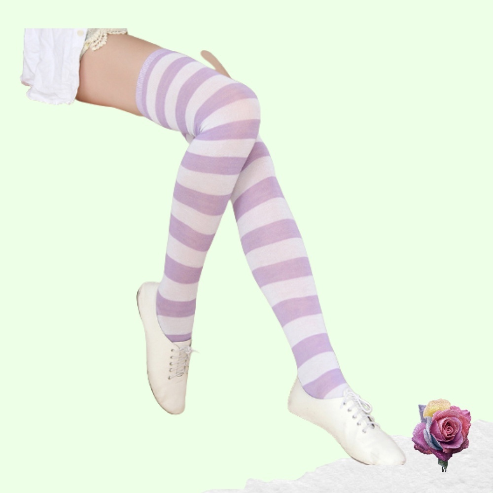 Kaos Kaki Wanita Over Knee Socks Kaos Kaki Sepaha Motif Belang-Belang Kaos Kaki Panjang-Purple X White