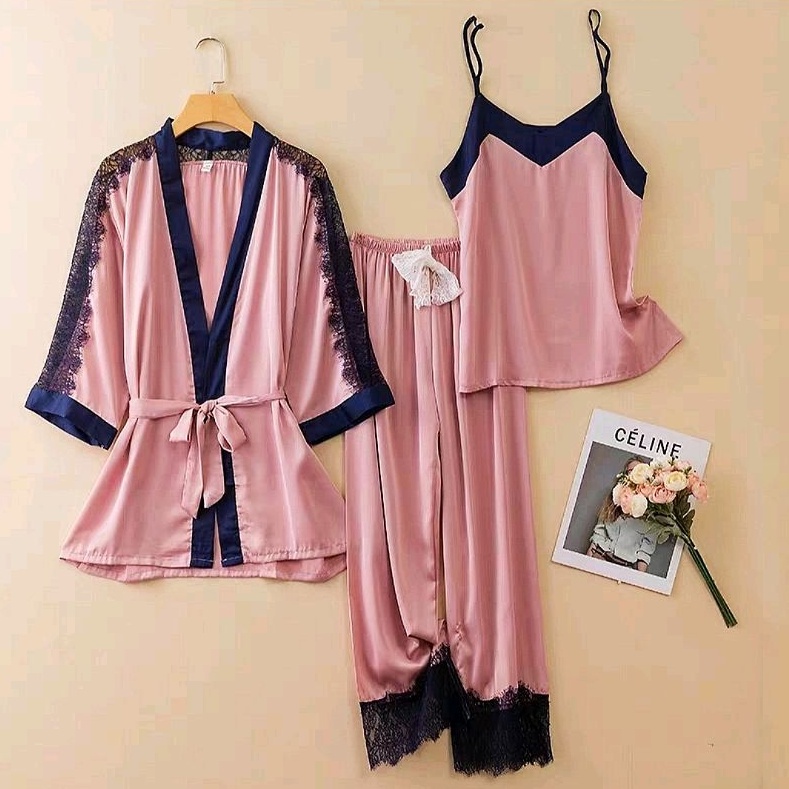 Juragan lingerie import - Piyama Wanita Kimono Set Tanktop dan Celana Panjang Bahan Silk Satin