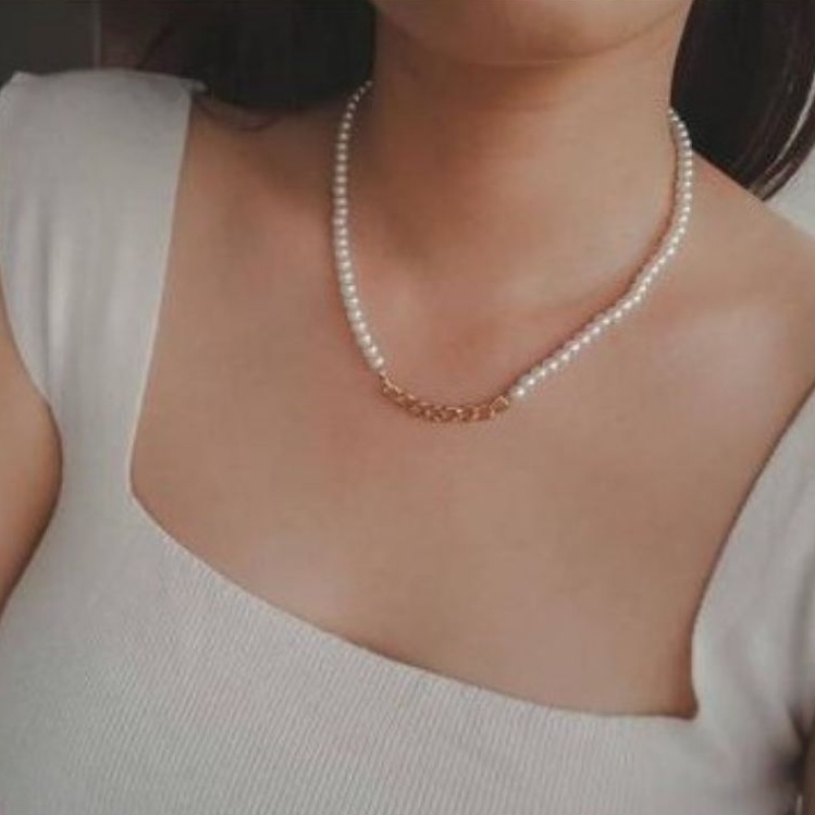 Michelle Korean Pearl Chain Choker Necklace Kalung Mutiara Rantai Kombinasi Korea