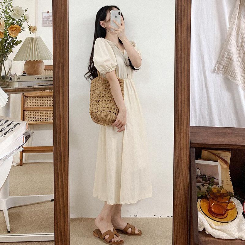 Heyjin Dress Korean Style Pakaian Wanita Midi Dress Linen Angel Premium